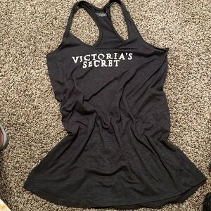 Victoria's Secret Racer Back charcoal Logo athletic Top w rounded hemline SZ M